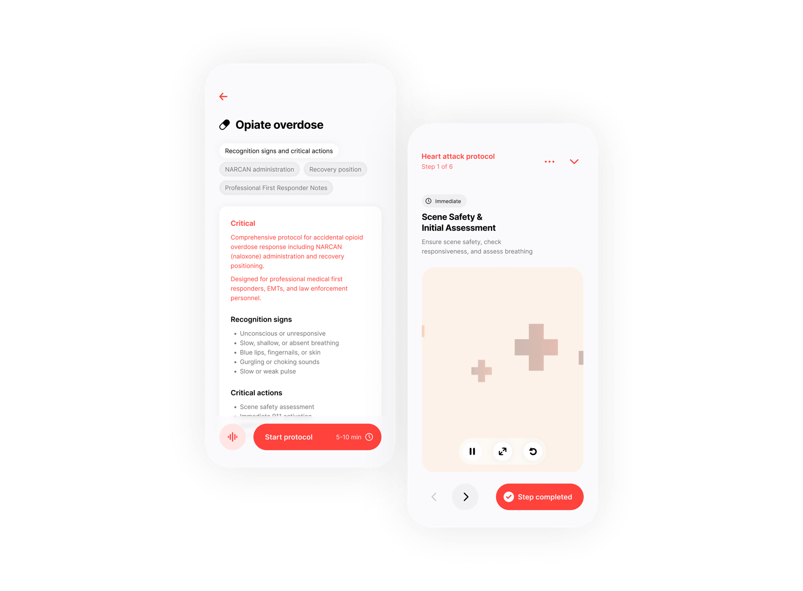 ER app protocol screens — opiate overdose and heart attack